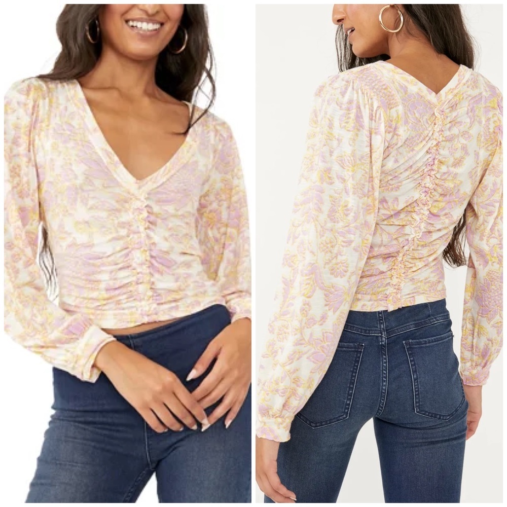 NWT Free People Say The Word Top small ivory combo pink yellow ruched